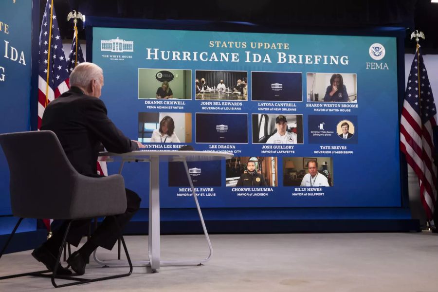 US President Joe Biden participates in a virtual briefing on Hurricane Ida