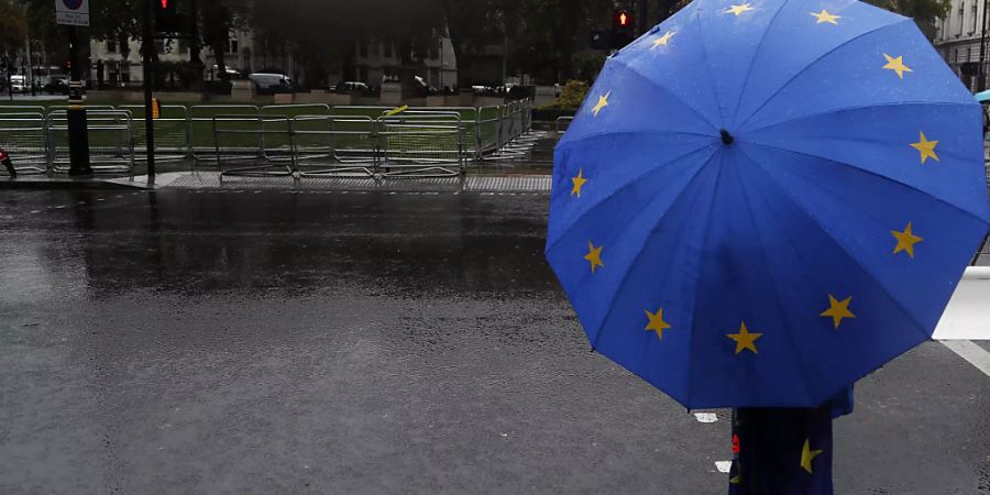 Ein pro-europäischer Demonstrant hält einen Regenschirm in den Farben der Europaflagge und steht vor dem Parlament. EU-Ratschef Michel hat von Grossbritannien Klarheit über den anvisierten Handelspakt nach dem Brexit gefordert. Die EU und Grossbritannien streiten seit Monaten über die Bedingungen des Vertrags, der die wirtschaftlichen Beziehungen nach der Brexit-Übergangsphase ab 2021 regeln soll. Foto: Frank Augstein/AP/dpa