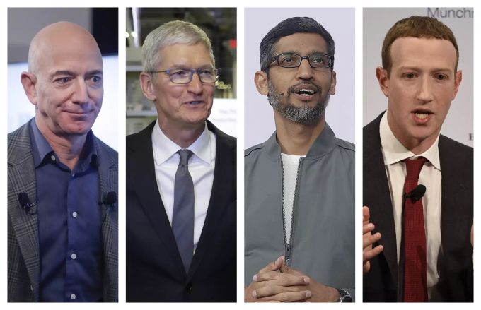 die vier Die vier Big Tech Konzernchefs (v.l.n.r.) Jeff Bezos (Amazon), Tim Cook (Apple), Sundar Pichai (Google) und Mark Zuckerberg (Facebook). Big Tech