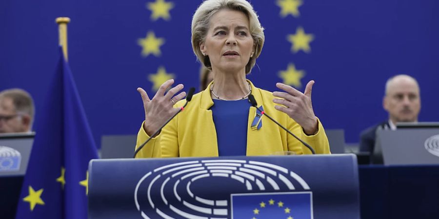 Ursula von der Leyen (CDU), Präsidentin der Europäischen Kommission, gestikuliert, während sie im Europäischen Parlament in Strassburg über die Ukraine spricht. Foto: Jean-Francois Badias/AP/dpa