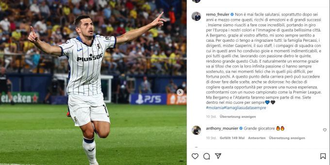 Remo Freuler wendet sich vor seinem Wechsel zu Nottingham Forest mit einem Insta-Post an die Fans von Atalanta Bergamo. Atalanta Bergamo, Nottingham