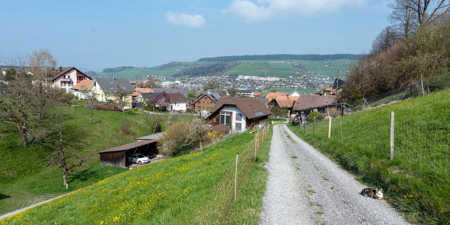 Blick auf Niederhünigen vom Kohlerhubelweg aus. Ganz im Hintergrund liegt Konolfingen.