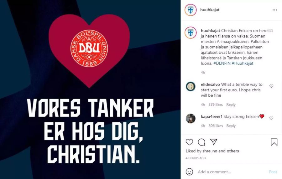 Auch Finnland schickt Christian Eriksen seine besten Wünsche – auf Dänisch.