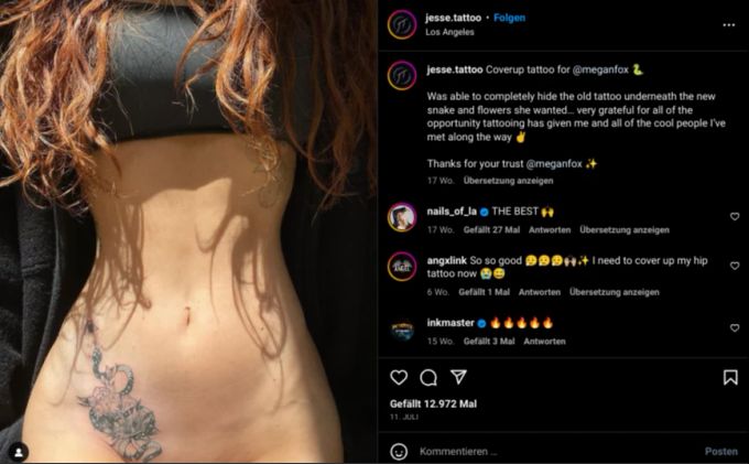 Mit dieser Schlange liess Megan Fox ihr Ehe-Tattoo mit ihrem Ex überstechen. Ir Tätowierer postete dieses Bild auf Instagram. megan fox