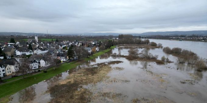 Die Uferwiese des Rheinortes Kaltenengers ist vom Hochwasser des Rheins überflutet. Hochwasser Deutschland
