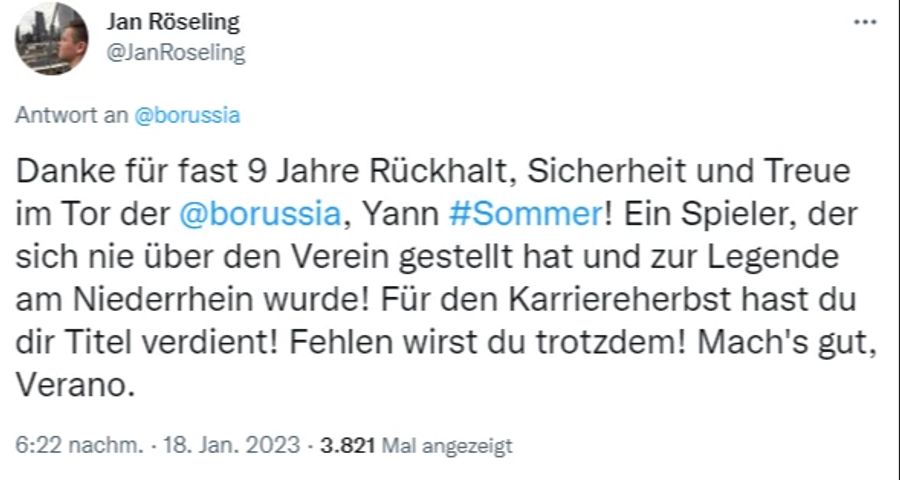 User «JanRoseling» dankt Yann Sommer für fast neun Jahre Rückhalt.