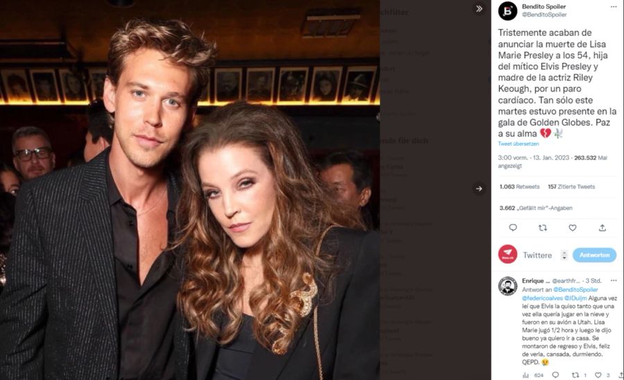 Lisa Marie Presley und Austin Butler. Der Schauspieler verkörpert in einem Film ihren Vater Elvis.