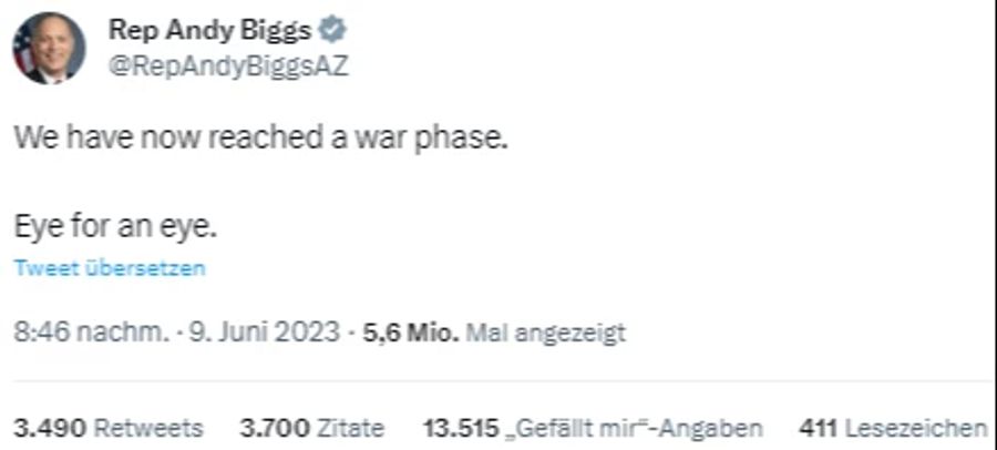 Der republikanische Abgeordnete Andy Biggs regiert auf die Anklage gegen Trump mit dem Spruch: «Auge um Auge.»