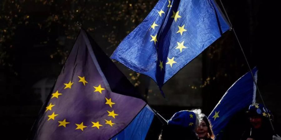 Brexit-Gegner schwenken bei einer Kundgebung in der Nähe des britischen Parlamentsgebäudes EU-Fahnen. Foto: Frank Augstein/AP