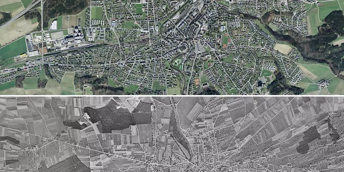 Die Gemeinde Frauenfeld 2014 (oben) und 1946 (unten). Nach dem Zweiten Weltkrieg überflogen amerikanische Bomber mit der Genehmigung der Schweizer Regierung die Schweiz. Die Gemeinde Frauenfeld 2014 (oben) und 1946 (unten). Nach dem Zweiten Weltkrieg überflogen amerikanische Bomber mit der Genehmigung der Schweizer Regierung die Schweiz.