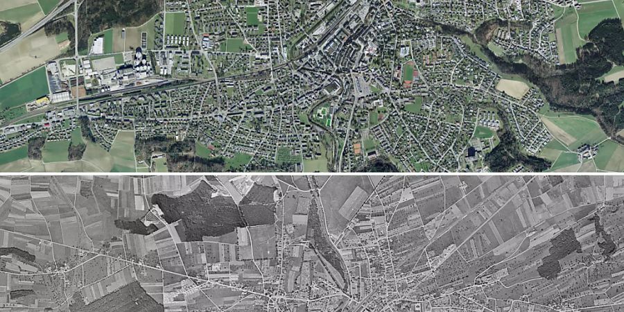 Die Gemeinde Frauenfeld 2014 (oben) und 1946 (unten). Nach dem Zweiten Weltkrieg überflogen amerikanische Bomber mit der Genehmigung der Schweizer Regierung die Schweiz.