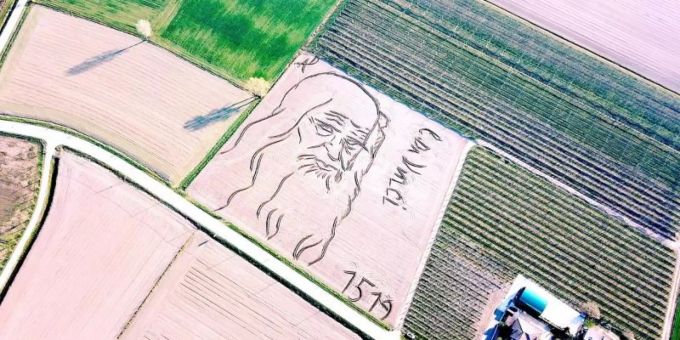 Verona - Land Art auf dem Acker: Leonardo da Vinci riesengross