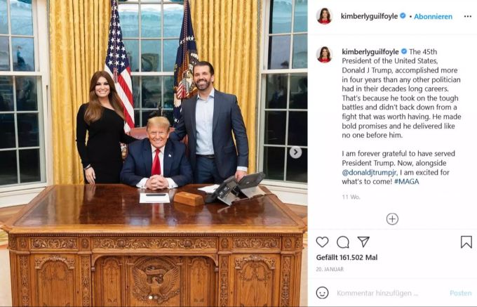 Kimberly Guilfoyle, Donald Trump und Donald Trump Jr. im Weissen Haus. donald trump