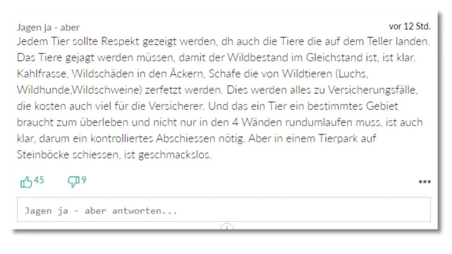 Dieser User sieht die Thematik differenziert, findet es aber dennoch «geschmacklos», in einem Tierpark auf Steinböcke zu schiessen.