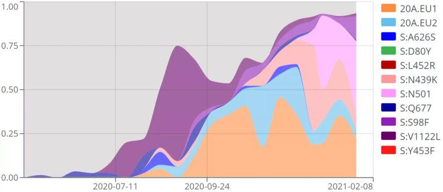 Die Anteile der verschiedenen Gruppen von Varianten des Coronavirus in Schweden. Im Sommer dominierten Viren mit der Mutation «S:V1122L», die praktisch ausschliesslich in Schweden aufgetreten ist. Die Gruppe «S:N501» in Pink sind Varianten, welche die Mutation N501Y tragen, wie unter anderem die britische Variante. Grau sind nicht näher bestimmte Varianten.