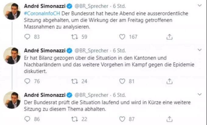 André Simonazzi bestätigte auf Twitter offiziell die Krisen-Sitzung. Details nannte der Sprecher des Bundesrats hingegen nicht. Coronavirus Bundesrat Schweiz
