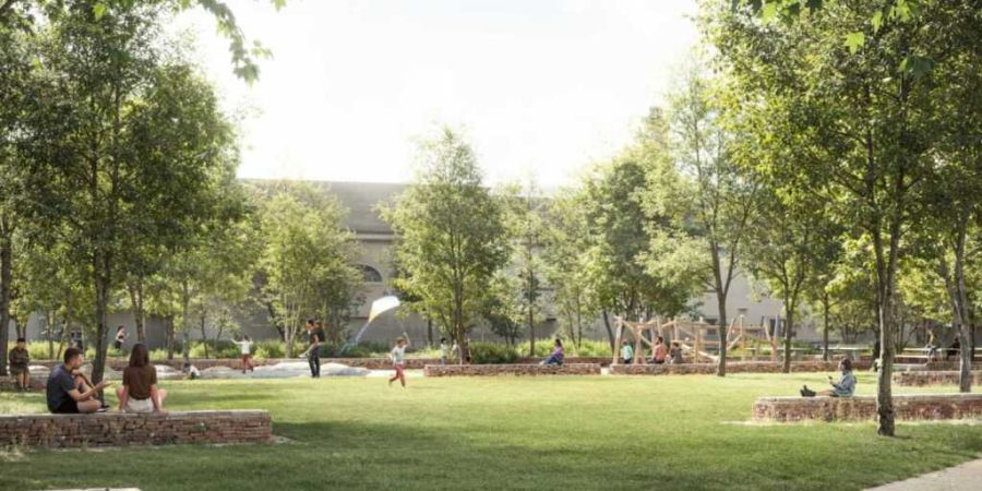 Geplant ist gemäss Visualisierung unter anderem eine Katja Wulff-Anlage mit Bäumen und einem Spielplatz im neuen Basler Stadtteil «Am Walkeweg».