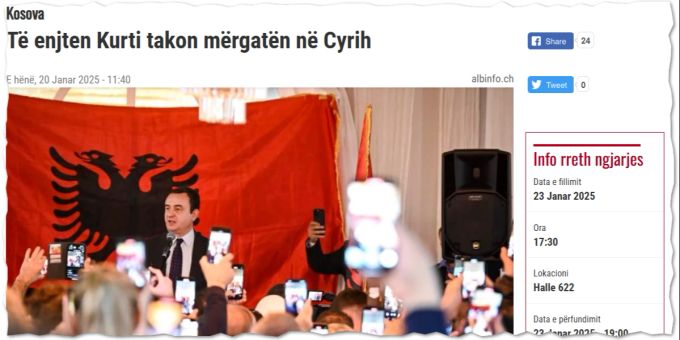 Ankündigung des Auftritts von Premierminister Albin Kurti in Zürich-Oerlikon beim Portal albinfo.ch. Albin Kurti Zürich-Oerlikon Wahlkampf