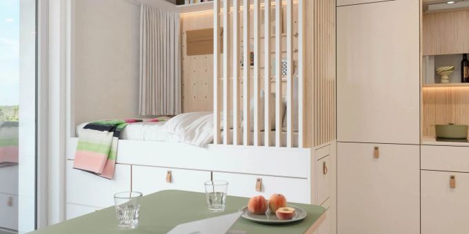 Bett neben Küche, allenfalls herausklappbar: So sieht eine Mikrowohnung aus. Mikrowohnung