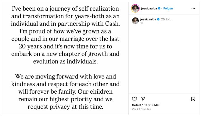 In einem Instagram-Post bestätigt Schauspielerin Jessica Alba die Trennung von ihrem Ehemann. Jessica Alba Post