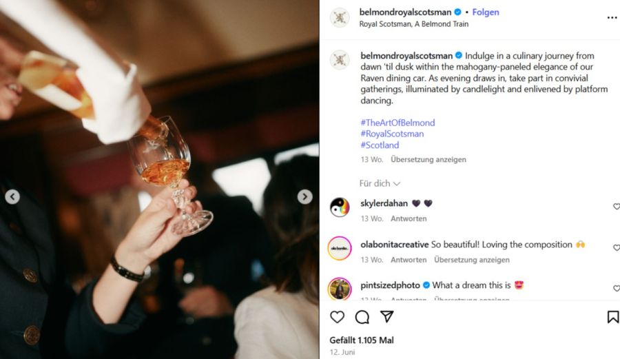 Person schenkt alkoholisches Getränk in ein Glas ein, Zug, Royal Scotsman