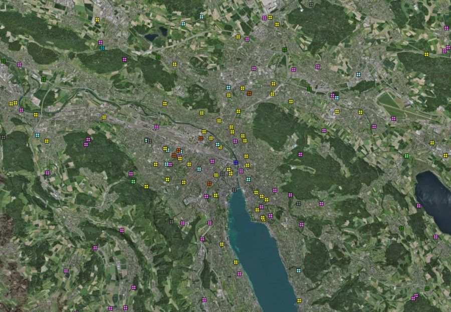 Die Stadt Zürich weist seit 2011 eine Vielzahl von tödlichen Unfällen (farbige Vierecke) auf.