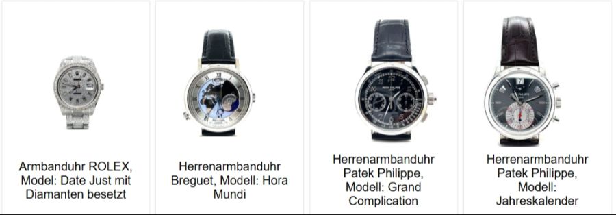Unter anderem werden diese vier Uhren vom Kanton Zug versteigert.