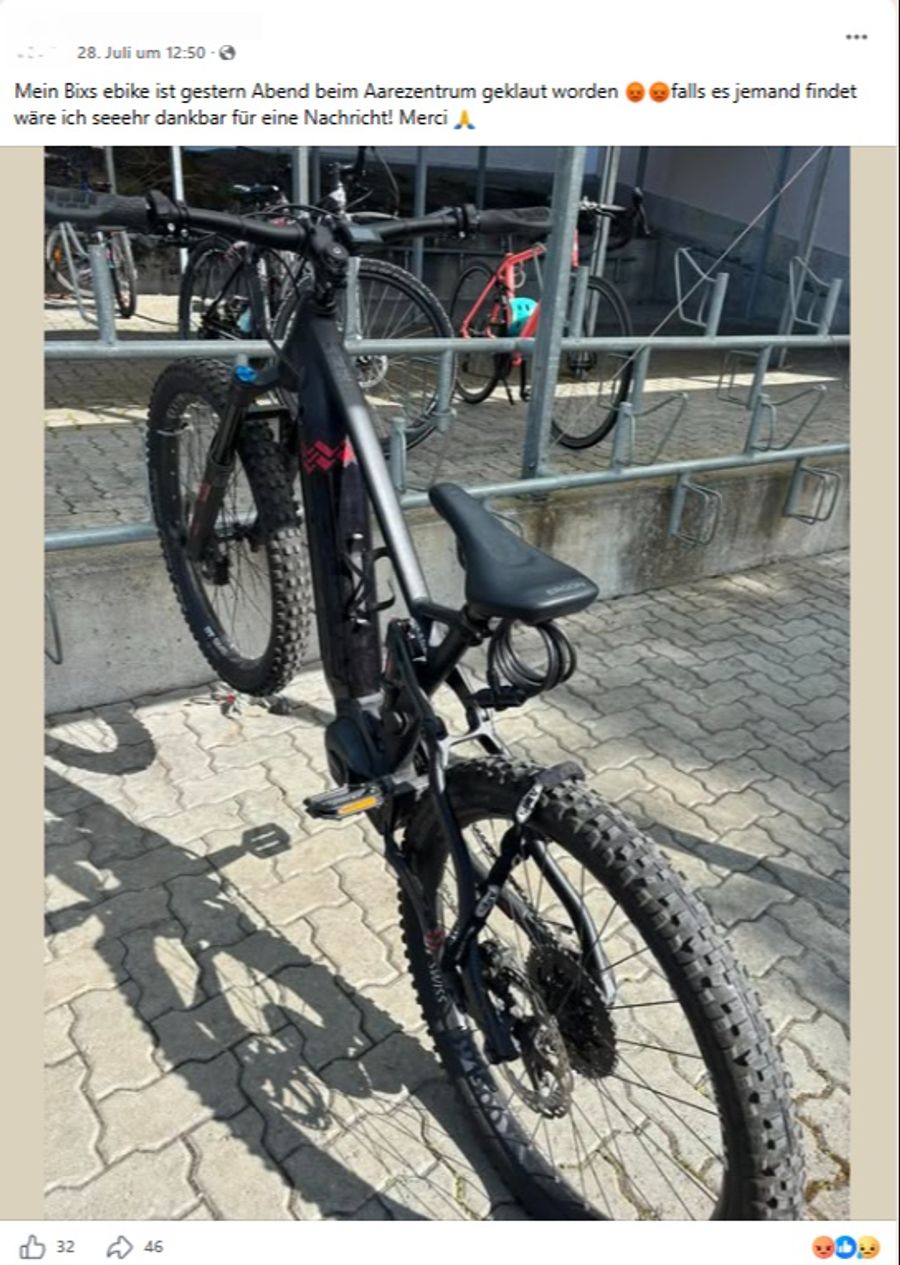 Diese Userin bittet in der Facebook-Gruppe bei der Suche nach ihrem gestohlenen Velo um Hilfe.