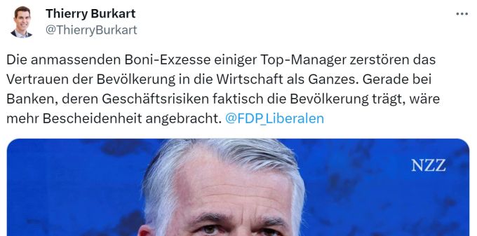 FDP-Präsident Thierry Burkart ärgert sich auf X (vormals Twitter) über den Millionen-Bonus, den UBS-Chef Sergio Ermotti erhält. Thierry Burkart Sergio Ermotti
