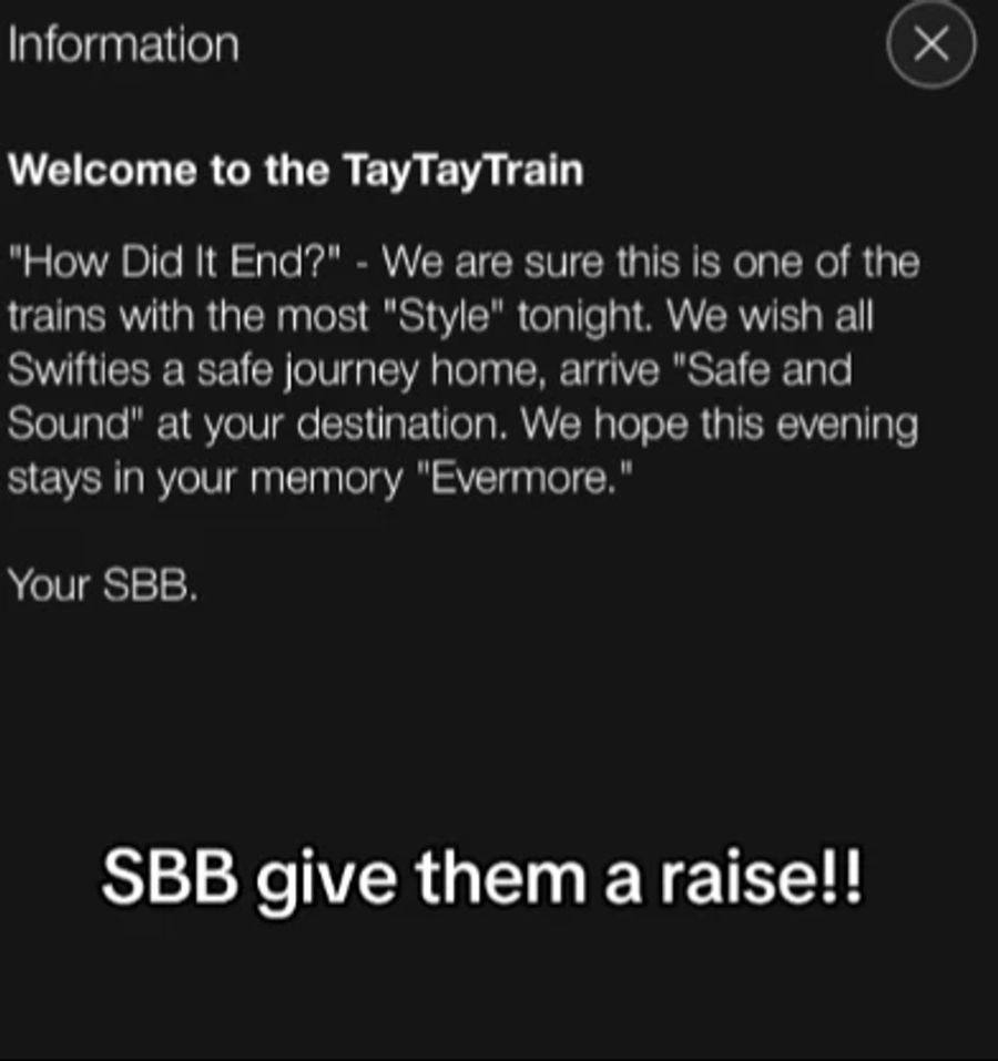 «Willkommen im TayTayTrain», schreibt die SBB in ihrer App – mit ein paar Songtitel-Wortspielereien.