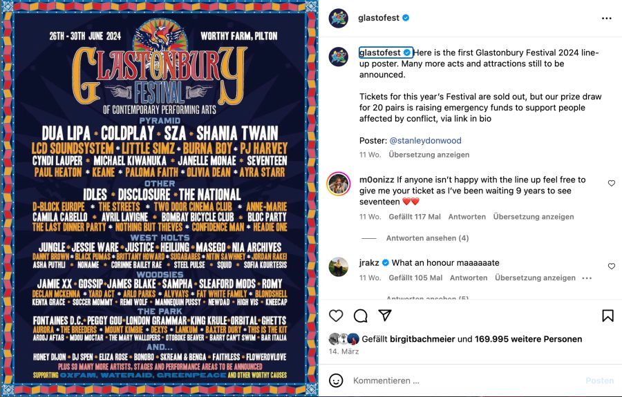 Lineup Poster Glastonbury Instagram