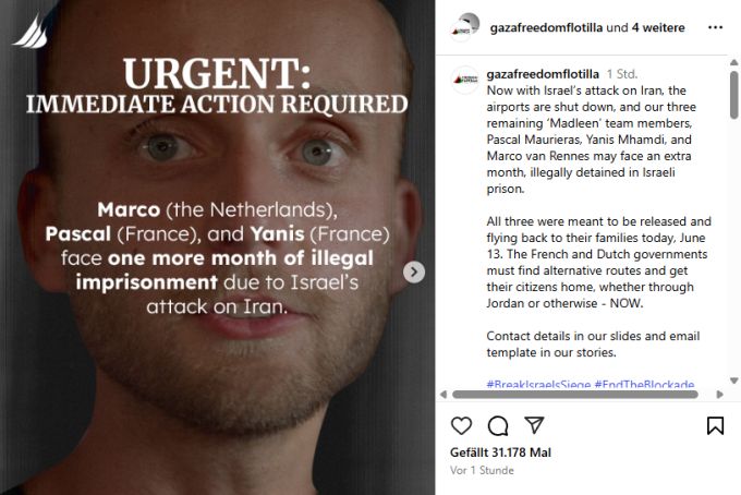 Der Instagram Post der Freedom Flotilla Coalition. Freedom Flotilla Coalition