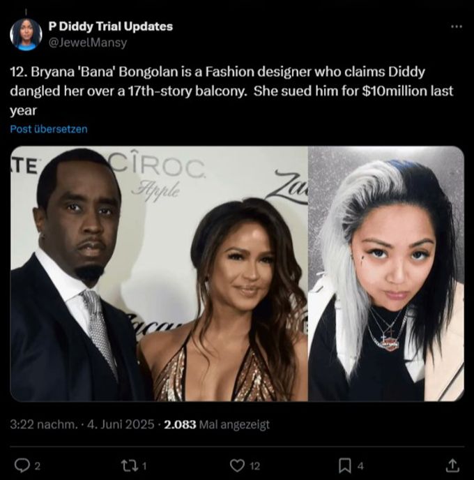 Bryana Bongolanverbrachte viel Zeit mit Cassie Ventura. Nun sagt sie im Diddy-Prozess gegen den einstigen Musik-Mogul aus. Diddy Prozess Ventura Bongolan