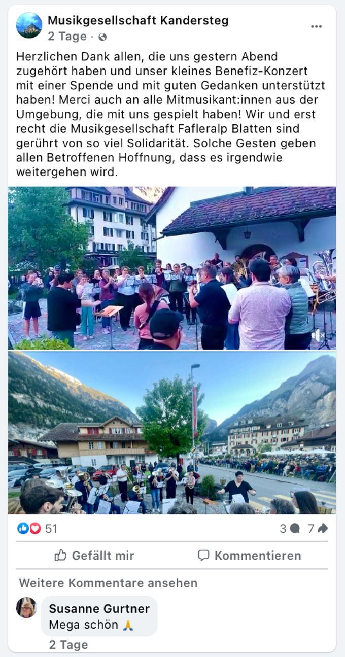 Für das erschütterte Dorf Blatten spielte die Musikgesellschaft Kandersteg ein Benefizkonzert und sammelte dabei Spenden. musikgesellschaft kandersteg blatten