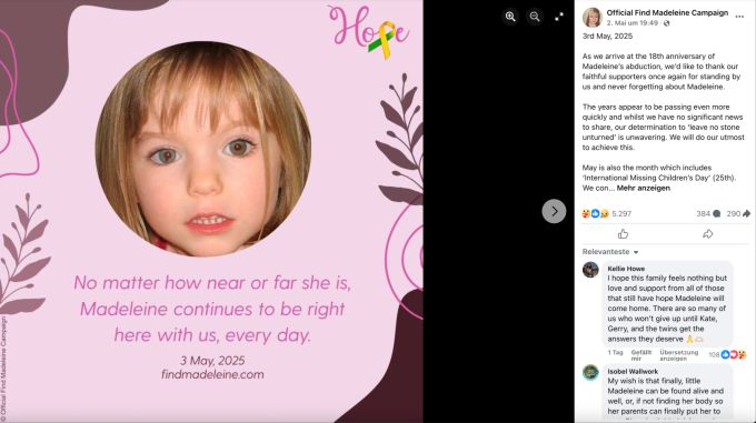 Maddies Eltern suchen auch 18 Jahre nach ihrem Verschwinden nach ihr in einem Facebook-Post. Maddie Eltern