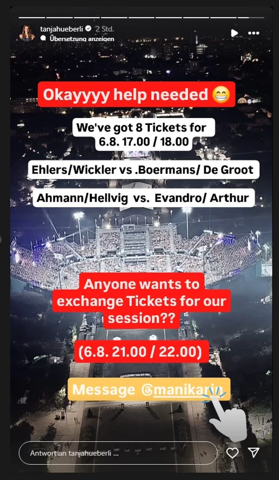 Auch Tanja Hüberli sucht über ihre Instagram-Story acht Viertelfinal-Tickets.