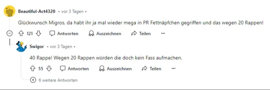 Einer schreibt: «Glückwunsch Migros, da habt ihr ja mal wieder mega ins PR-Fettnäpfchen gegriffen.»