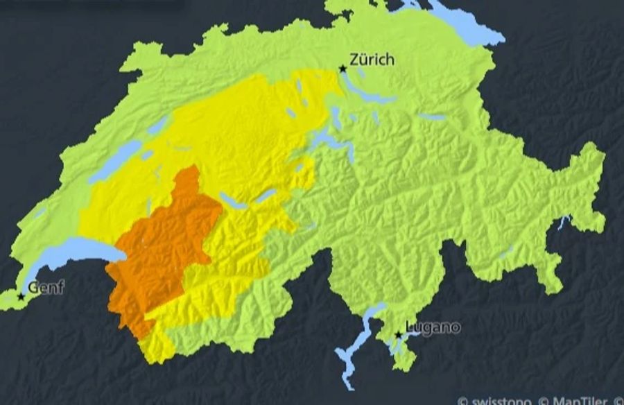 Die Karte von Meteo Schweiz zeigt, dass heute in einigen Regionen in Bezug auf den Regen Gefahrenstufe 3 gilt.