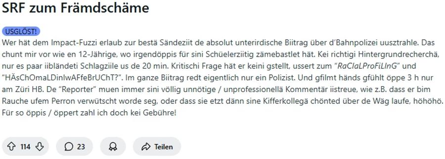 In diesem Post wettert ein Zuschauer über einen Beitrag von SRF.