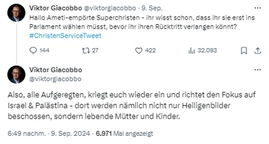 Und auch Victor Giaccobo äussert sich auf den sozialen Medien zum Shitstorm gegen Sanija Ameti.