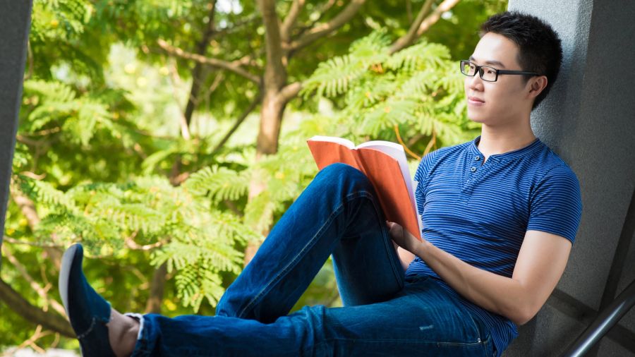 asiatischer junge im fenster, studiert