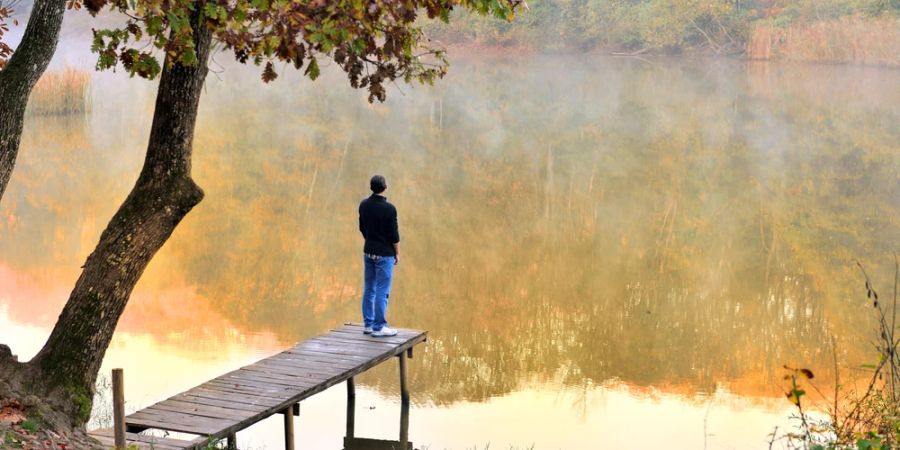 Mann Steg See Nebel allein