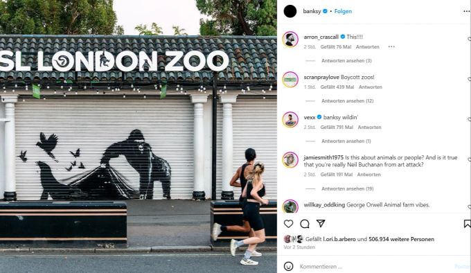 Das neue Werk von Street-Art-Künstler Banksy am Londoner Zoo. Banksy