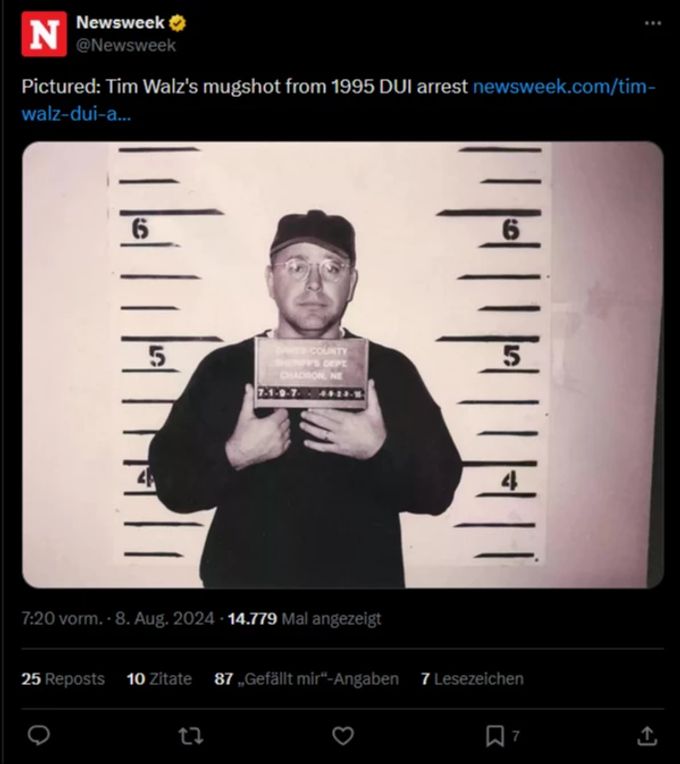 Der 30 Jahre alte Mugshot von Tim Walz. Tim Walz