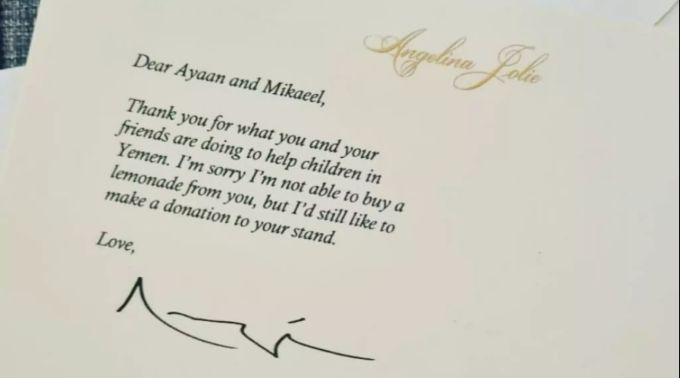 Zusammen mit diesem Brief sandte Angeline Jolie Spenden an die «lemonaidboys» aus London. Angelina Jolie Spenden Jemen