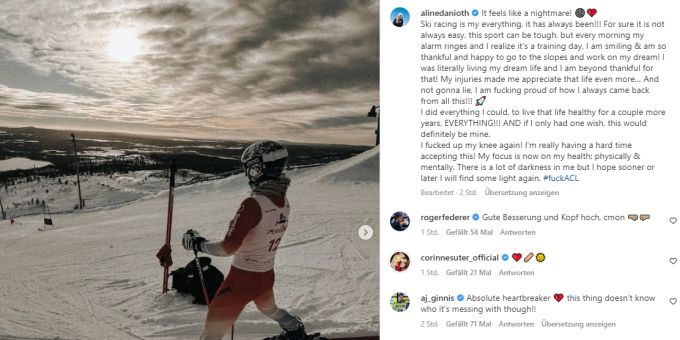 Roger Federer ist einer der ersten, der die Schock-Meldung von Aline Danioth kommentiert. Roger Federer Aline Danioth