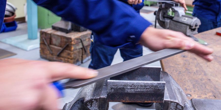 Lehrlinge arbeiten mit der Metallfeile an Schraubstöcken in einer Lehrwerkstatt in Wismar.