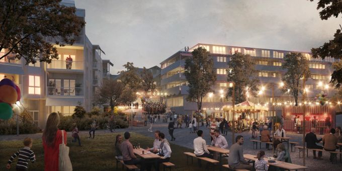 Visualisierung Generationenprojekt Buchrain Dorf: Blick vom Schulhaus Richtung Norden auf Chilbiplatz, Wohngebäude und Dienstleistungszentrum. Visualisierung Generationenprojekt Buchrain Dorf.