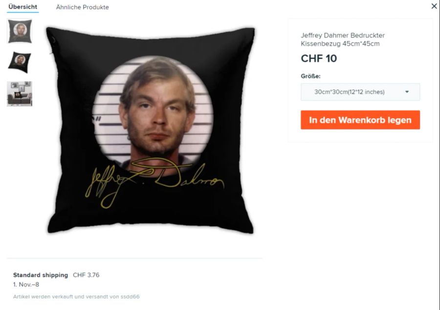 Mit Abstand am meisten Artikel gibt es allerdings auf Wish zu bestellen. Hier gibt es sogar Dahmer-Kissenbezüge.