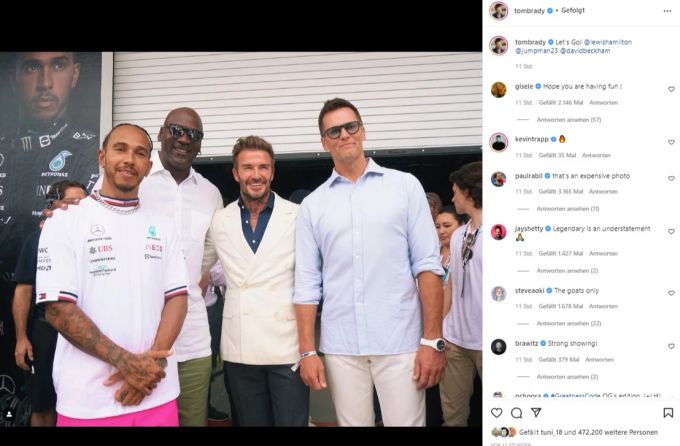 Tom Brady postet den Schnappschuss mit ihm, David Beckham, Michael Jordan und Lewis Hamilton (v.r.n.l.) Tom Brady